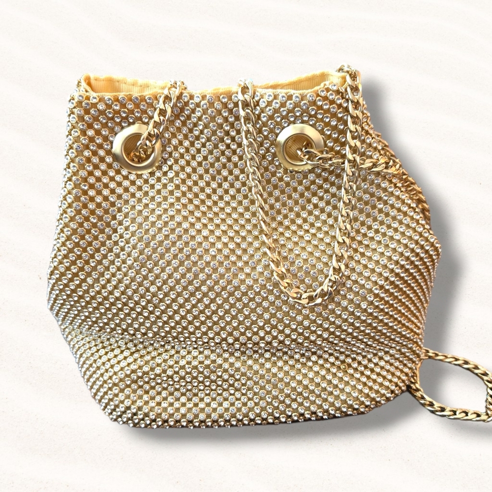 Womens Gold Rhinestone Small Bucket /Ladies Evening Party Bridal Prom Hanbag